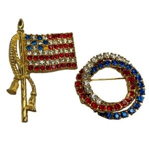 Vintage Rafaelian Rhinestone American Flag With Wreath Brooch Set Patriotic